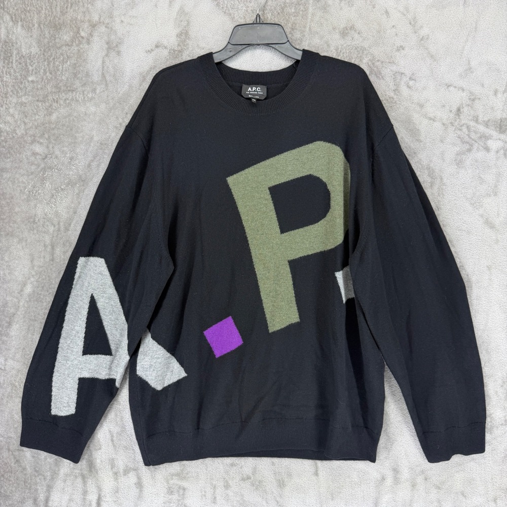 APC‎ Mens Black 100% Virgin Wool Intarsia Logo Crew Neck Sweater XXL 23H1-WVBBX